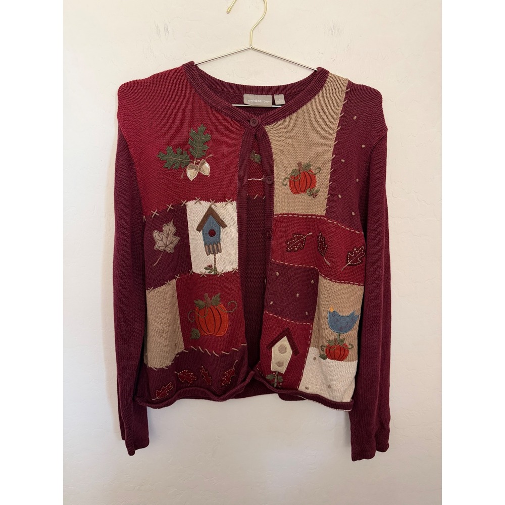 Croft & Barrow Womens L Vintage Patchwork Pumpkin Embroidered Cardigan Burgundy